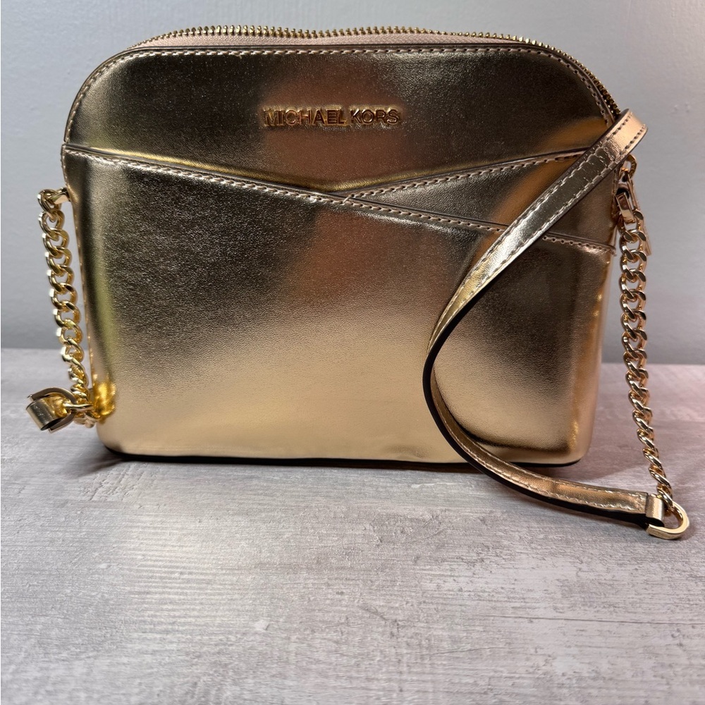Michael Kors Gold Metallic Crossbody Bag with Structured Design